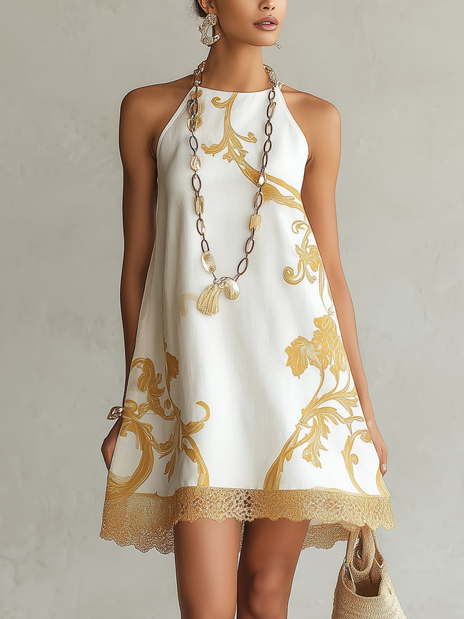 Héloïse | Vestido curto branco com motivos dourados