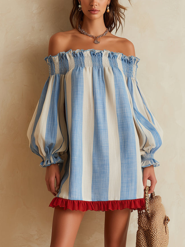 Ondine | Vestido curto às riscas de ombros descobertos