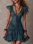 Delphine | Vestido curto azul com renda e folhos