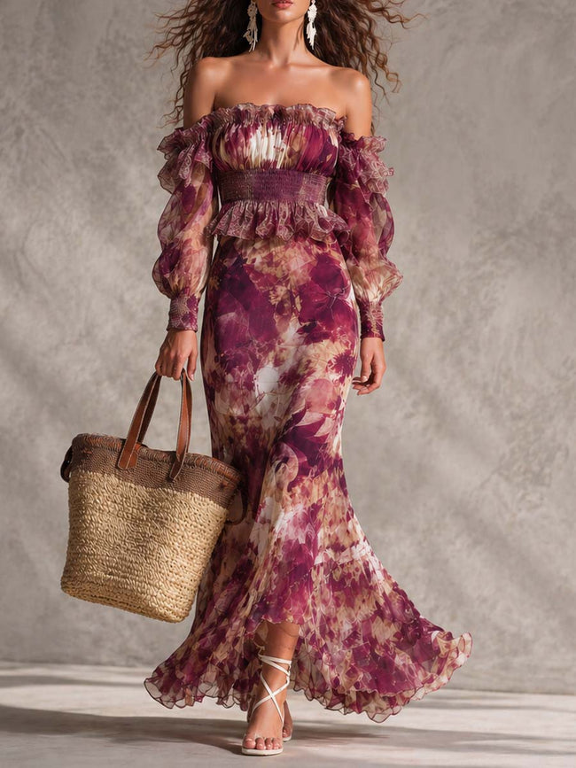 Nádia | Vestido maxi floral de ombros descobertos