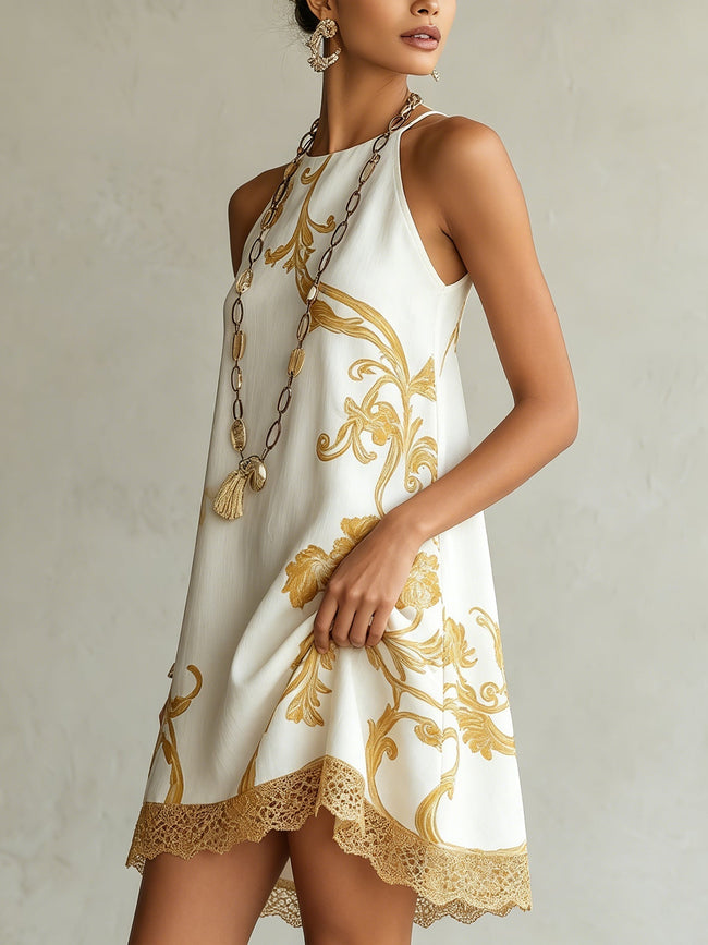 Héloïse | Vestido curto branco com motivos dourados