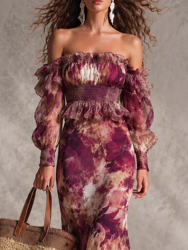 Nádia | Vestido maxi floral de ombros descobertos