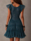 Delphine | Vestido curto azul com renda e folhos