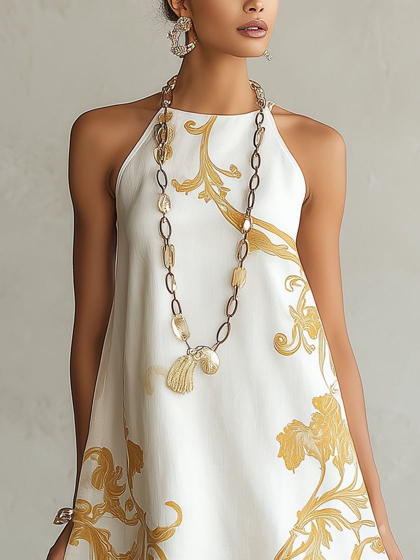 Héloïse | Vestido curto branco com motivos dourados