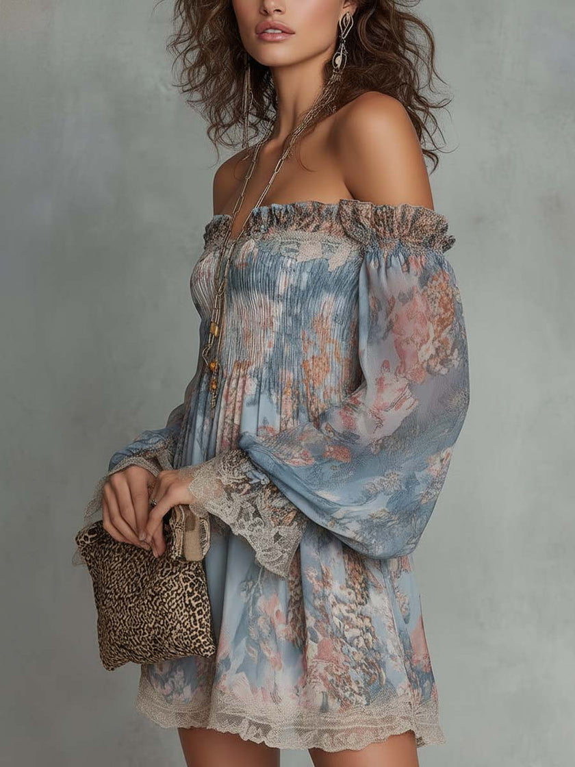Romane | Vestido curto floral de ombros descobertos