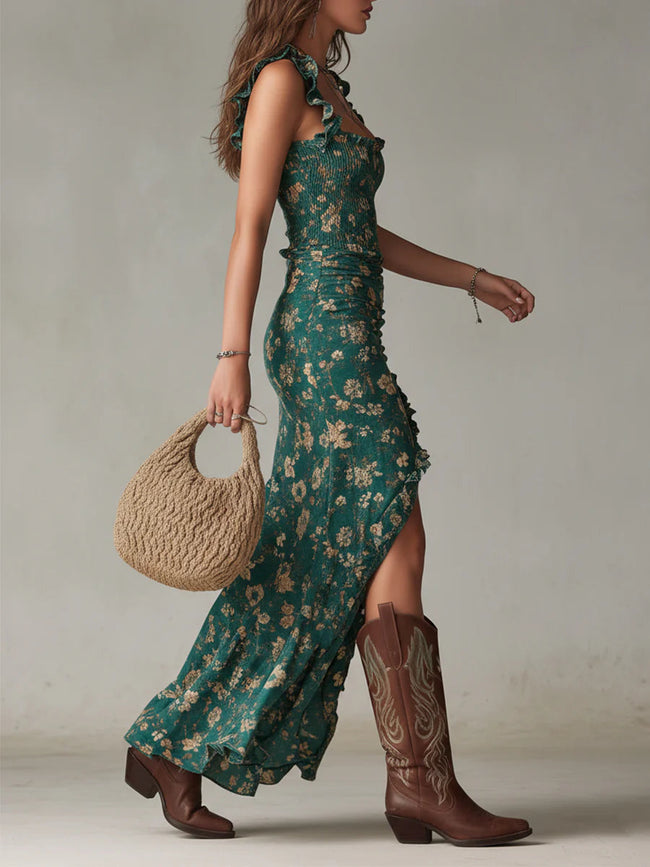 Amira | Vestido maxi estampado com folhos