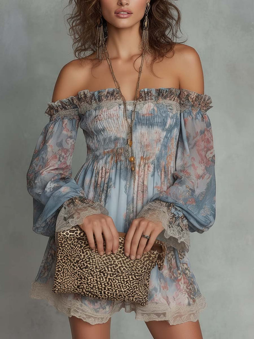 Romane | Vestido curto floral de ombros descobertos