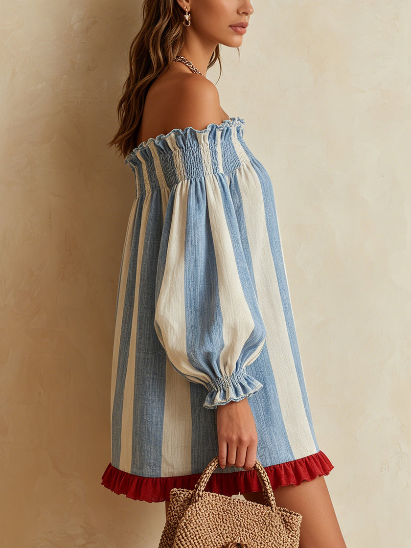 Ondine | Vestido curto às riscas de ombros descobertos