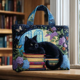 Bolsa artesanal - Gato preto sobre livros