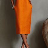 Vestido de Linho com Decote Redondo Sem Mangas e Bolsos Laterais
