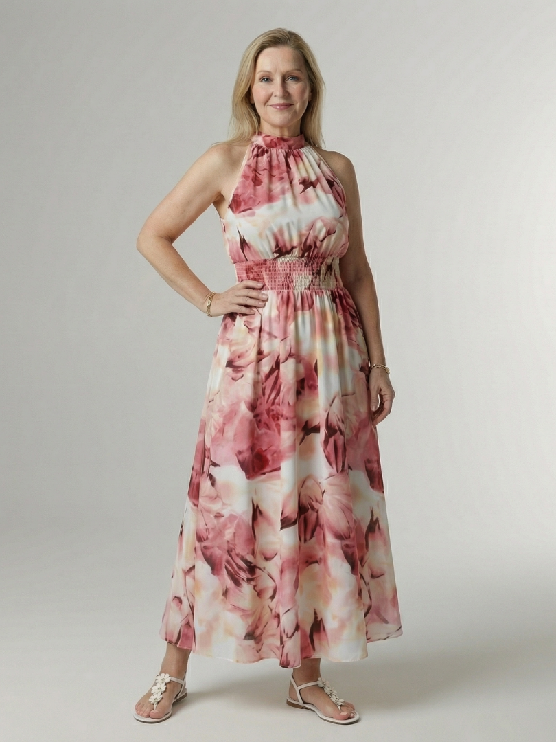 Vestido midi Sylin halter com cintura franzida