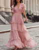 Amara - Vestido Maxi de Chiffon Rosa com Babados
