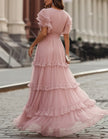 Amara - Vestido Maxi de Chiffon Rosa com Babados