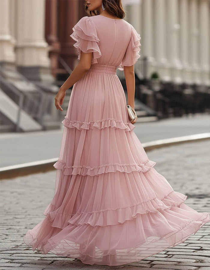 Amara - Vestido Maxi de Chiffon Rosa com Babados