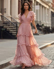 Amara - Vestido Maxi de Chiffon Rosa com Babados