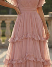 Amara - Vestido Maxi de Chiffon Rosa com Babados