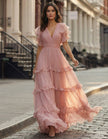 Amara - Vestido Maxi de Chiffon Rosa com Babados