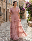Amara - Vestido Maxi de Chiffon Rosa com Babados