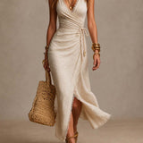 ALMA| Vestido midi de linho natural com decote em V