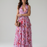 Vestido maxi Nori floral com corpo franzido