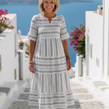 Parisa | Vestido midi de alças curtas às riscas