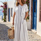 Elaris | Vestido midi de gola com laço e riscas de manga curta