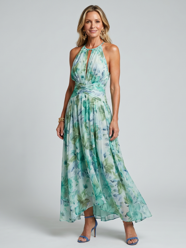 Vestido midi Portia plissado halter floral suave