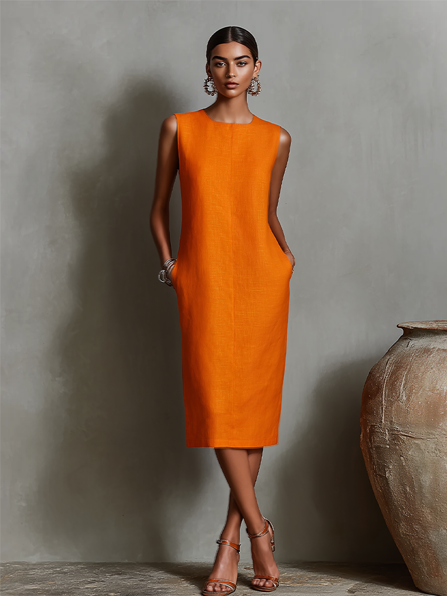Vestido de Linho com Decote Redondo Sem Mangas e Bolsos Laterais