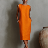 Vestido de Linho com Decote Redondo Sem Mangas e Bolsos Laterais