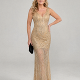 Vestido midi Sirea com lantejoulas e painel transparente