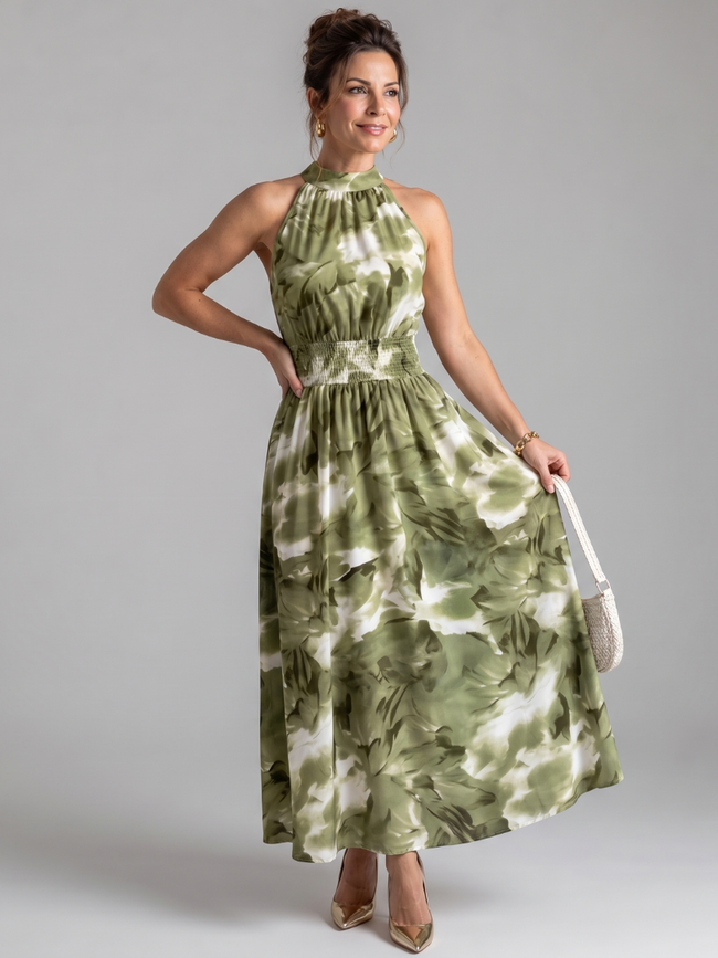 Vestido midi Olivia estampado com cintura franzida