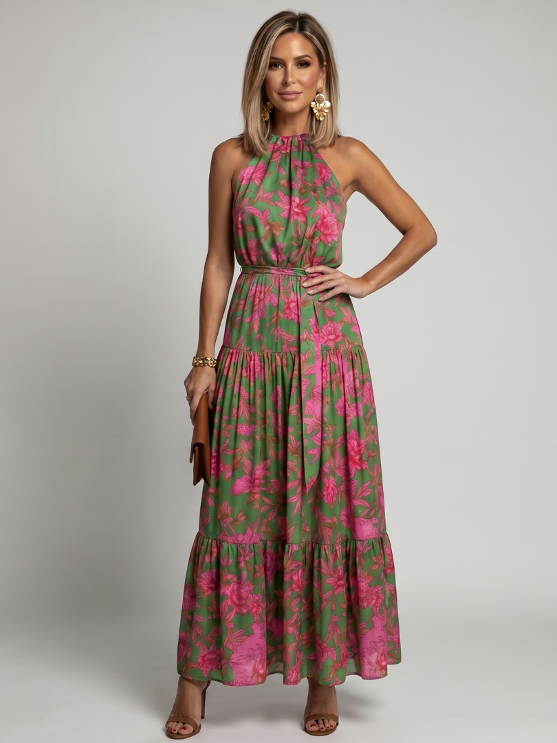 Teresa | Vestido Maxi Halter com Estampado Vibrante