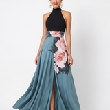 Vestido maxi Olympas halter com saia floral