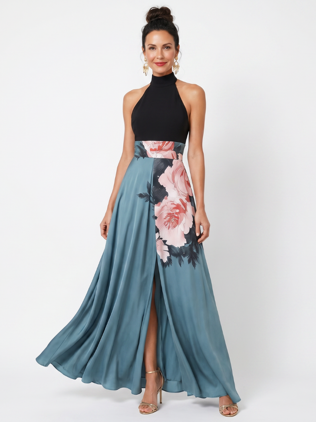 Vestido maxi Olympas halter com saia floral