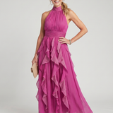 Vestido maxi Orea gola subida com folhos em camadas
