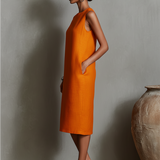 Vestido de Linho com Decote Redondo Sem Mangas e Bolsos Laterais