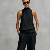 Conjunto Feminino Elegante de Top Sem Mangas e Calças em Algodão e Linho Preto