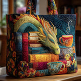 Bolsa artesanal - Dragão a ler livros e a beber chá