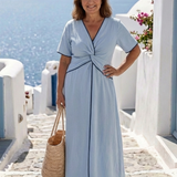 Eirene | Vestido Midi de Manga Curta com Decote em V e Detalhe Torcido na Frente