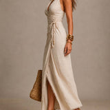 ALMA| Vestido midi de linho natural com decote em V