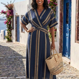 Saphira | Vestido Midi Envoltura Rayado de Manga Curta com Decote em V