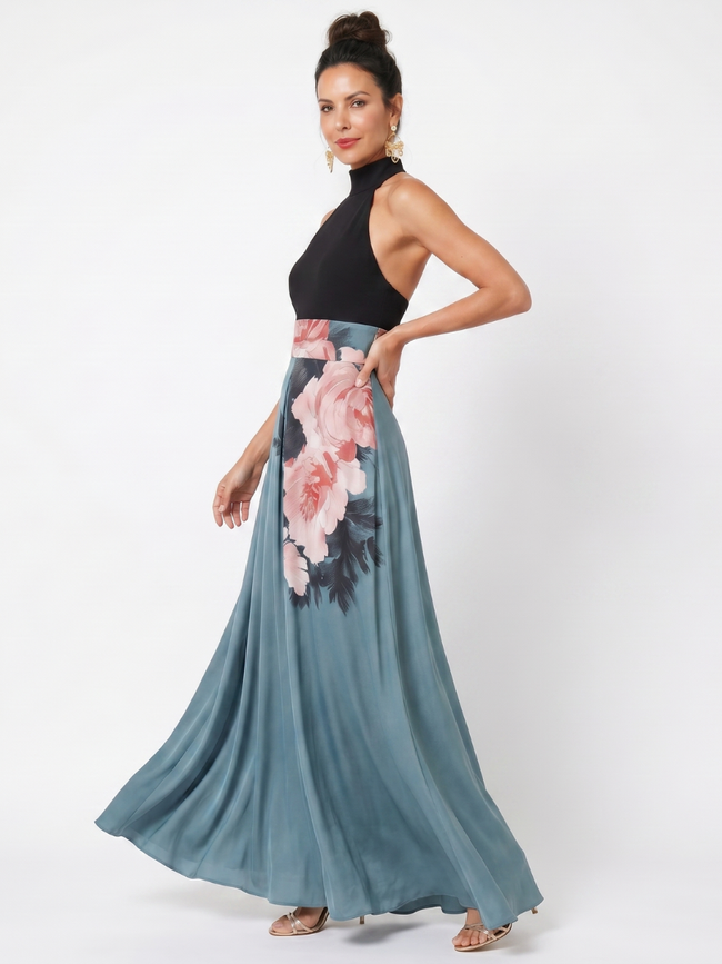 Vestido maxi Olympas halter com saia floral