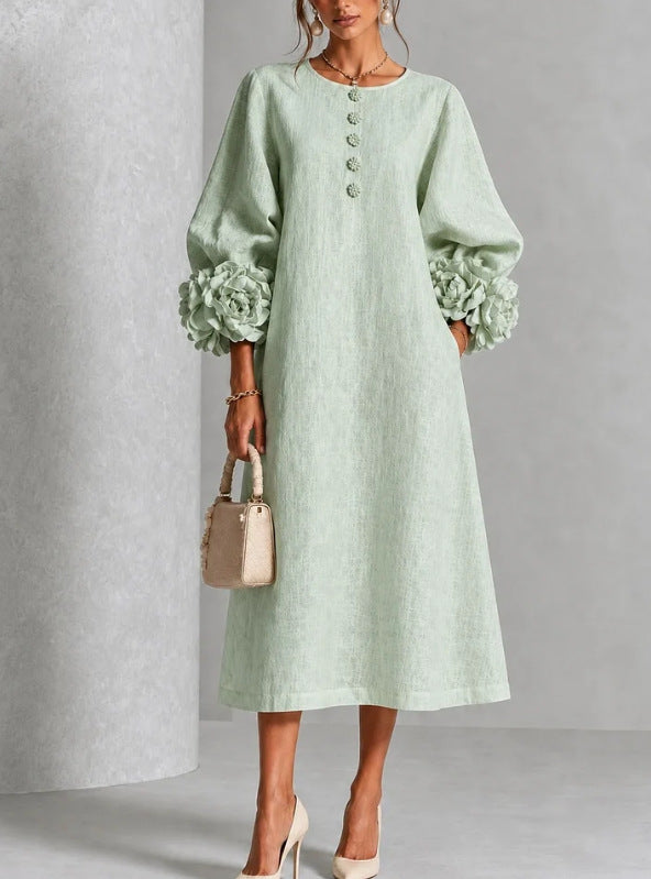 Elara | Vestido Midi com Punhos Florais