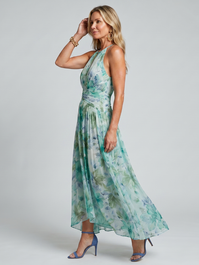 Vestido midi Portia plissado halter floral suave