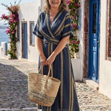 Saphira | Vestido Midi Envoltura Rayado de Manga Curta com Decote em V