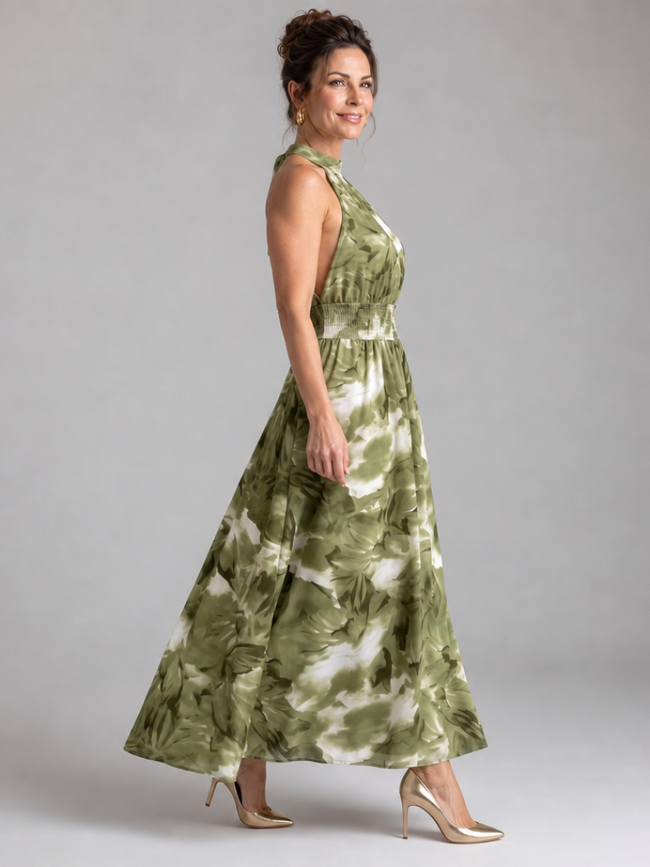 Vestido midi Olivia estampado com cintura franzida