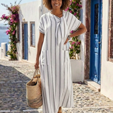 Elaris | Vestido midi de gola com laço e riscas de manga curta