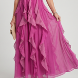 Vestido maxi Orea gola subida com folhos em camadas