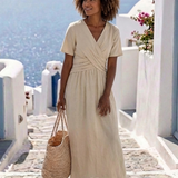 Alvara | Vestido Midi Envoltura de Manga Curta com Decote em V