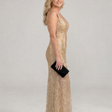 Vestido midi Sirea com lantejoulas e painel transparente